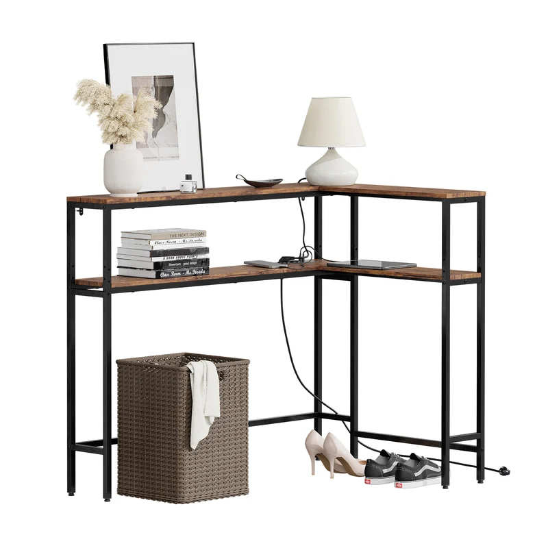 SoBuy FSB105-E-N Console Étroite 180×20×100 cm avec USB, USB-C, 2 Prises, 2 Étagères, Montage Droit ou Angle, Noir
