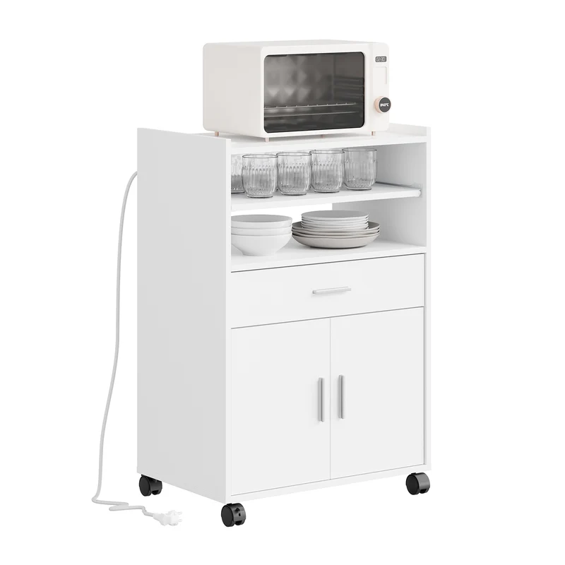 SoBuy FSB09-E-W Desserte de Cuisine avec Station de Charge 4-en-1 – Roulettes ou Pieds, 1 Tiroir, 2 Portes, Étagère Réglable, Blanc, 61,5×40×92 cm