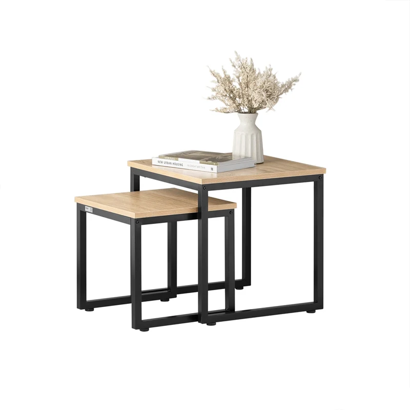 SoBuy FBT42-N Tables Basses Gigognes, Lot de 2 Tables d'Appoint Empilables, Style Industriel, Effet Bois avec Structure Métal Noir