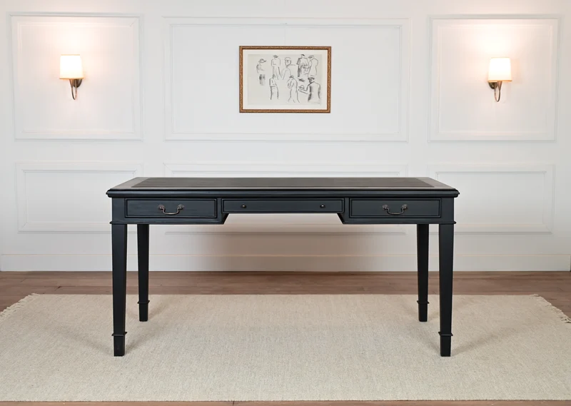 York 160x80 - klassieke Engelse schrijftafel - Zwart- Messing grepen