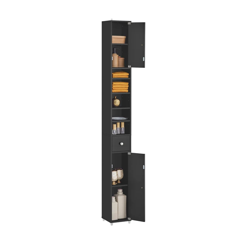 SoBuy BZR34-SCH Colonne Salle de Bain avec Tiroir et Étagères Réglables, Format Compact, Gain de Place, pour Salle de Bain et WC – L20×P20×H180 cm, MDF, Noir