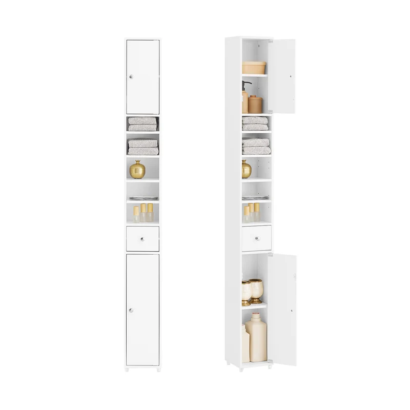 SoBuy BZR34-W Meuble Colonne Armoire Haut de Salle de Bain avec 1 Tiroir, 2 Portes et 5 Compartiments