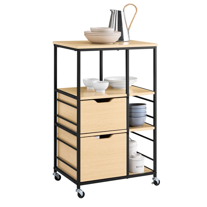 SoBuy FKW111-N Desserte de Cuisine avec 2 Tiroirs, 3 Étagères et 4 Roulettes 360° – L53×P37×H89 cm, PB et Acier, Noir et Naturel