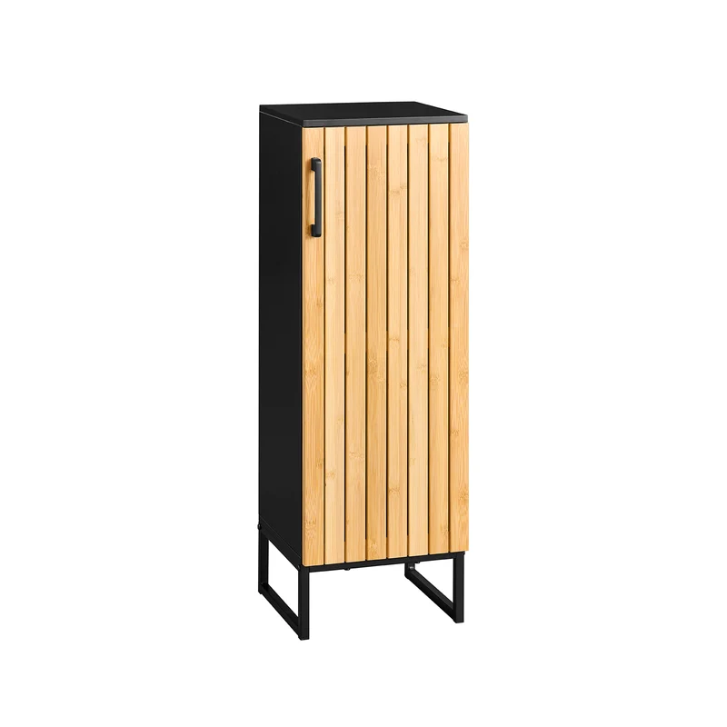 SoBuy BZR203-SCH Meuble Salle de Bain avec Porte Bambou, Gain de Place, Design Moderne, pour Salle de Bain et WC, Usage Quotidien – L30×P30×H90 cm, Bambou, Noir