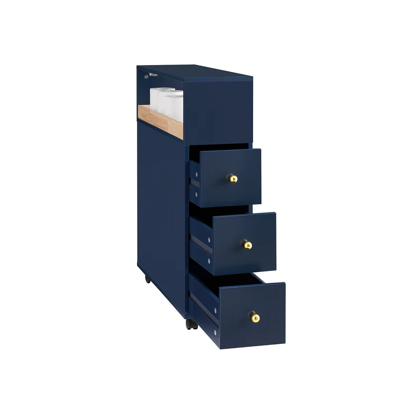 SoBuy BZR195-B Meuble de Rangement Salle de Bain Étroit sur roulettes, Support Papier Toilette, Armoire Toilettes WC Compact, 1 Plateau Amovible et 3 Tiroirs