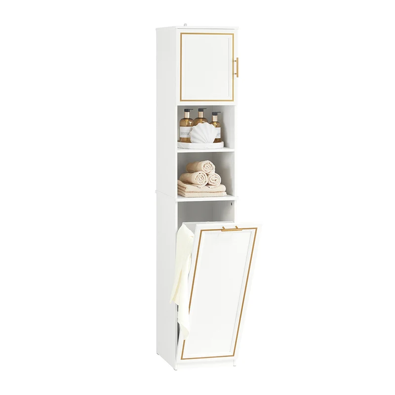 SoBuy BZR87-W Meuble Colonne de Salle de Bain Armoire Haute Étagère étroite avec 2 Portes, 2 Compartiments et 1 Panier à Linge