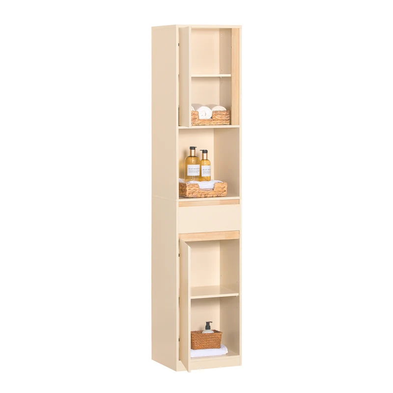 SoBuy BZR80-MI Meuble Colonne de Salle de Bain, Armoire Haute, Placard de Rangement avec 1 Compartiment Ouvert, 1 Tiroir et 2 Portes