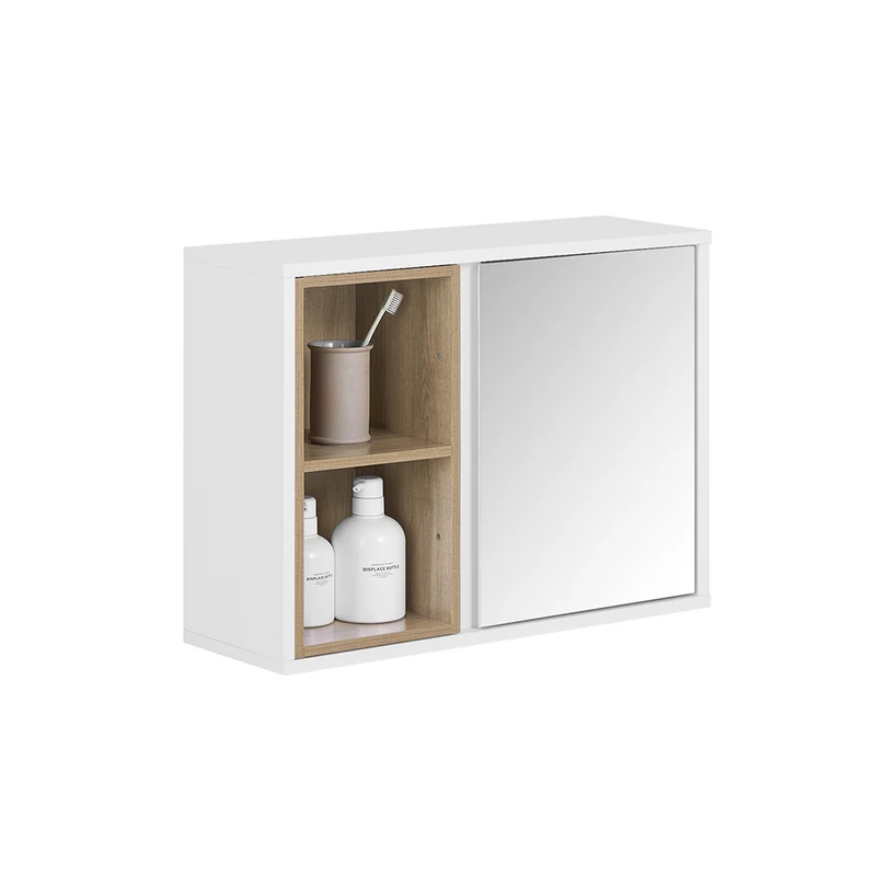 SoBuy BZR149-W Armoire Murale avec Miroir , Placard de Rangement Suspendu, Meuble Haut Salle de Bain avec Porte et 2 Compartiments Ouverts