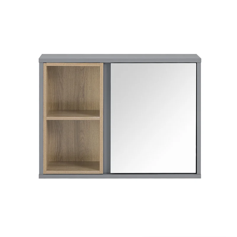 SoBuy BZR149-DG Armoire Murale avec Miroir , Placard de Rangement Suspendu, Meuble Haut Salle de Bain avec Porte et 2 Compartiments Ouverts