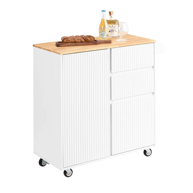 SoBuy FKW124-WN Desserte Cuisine avec Roulettes, Tiroirs et Barre latérale, Mobile, Rangement Optimisé – L90×P40×H90 cm, Bois d’Hévéa, Blanc et Naturel