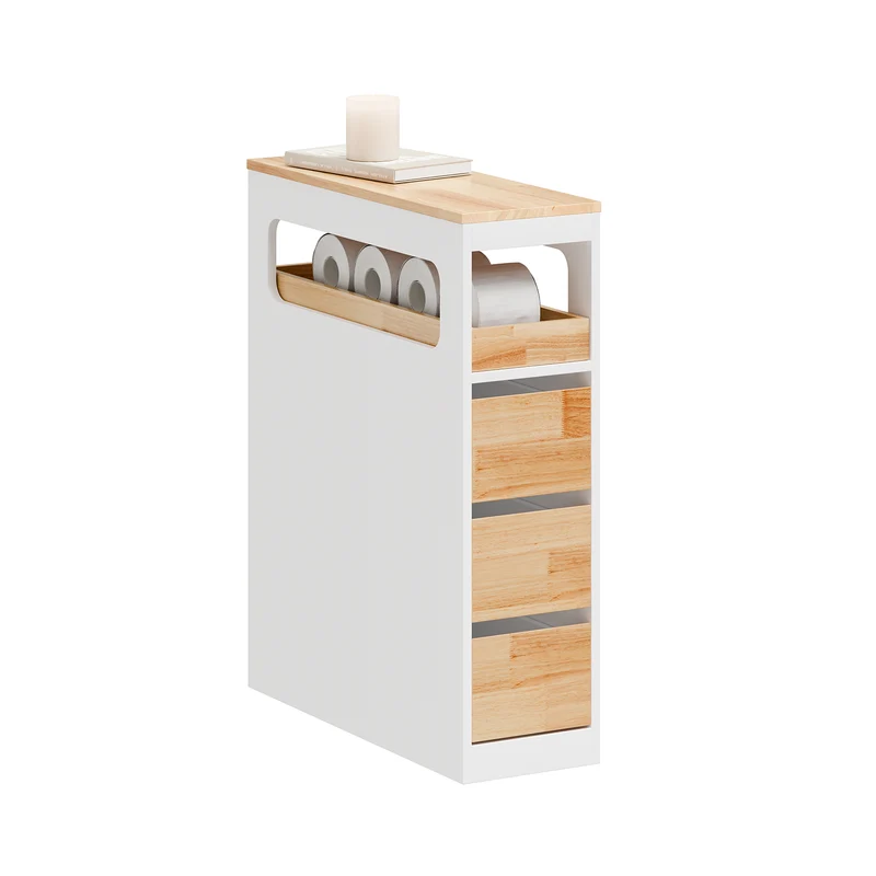 SoBuy BZR54-IV-WN Colonne Salle de Bain avec Roulettes, 3 Tiroirs et Compartiment Arrière Réglable – L65×P23×H82 cm, Charge 40 kg, Blanc et Naturel