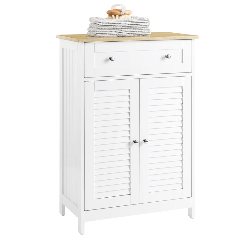 SoBuy FRG238-WN Meuble Bas Salle de Bain avec Étagère Réglable, 1 Tiroir et 2 Portes, pour Salle de Bain et WC, Compact – L60×P35×H87 cm, Blanc et Naturel