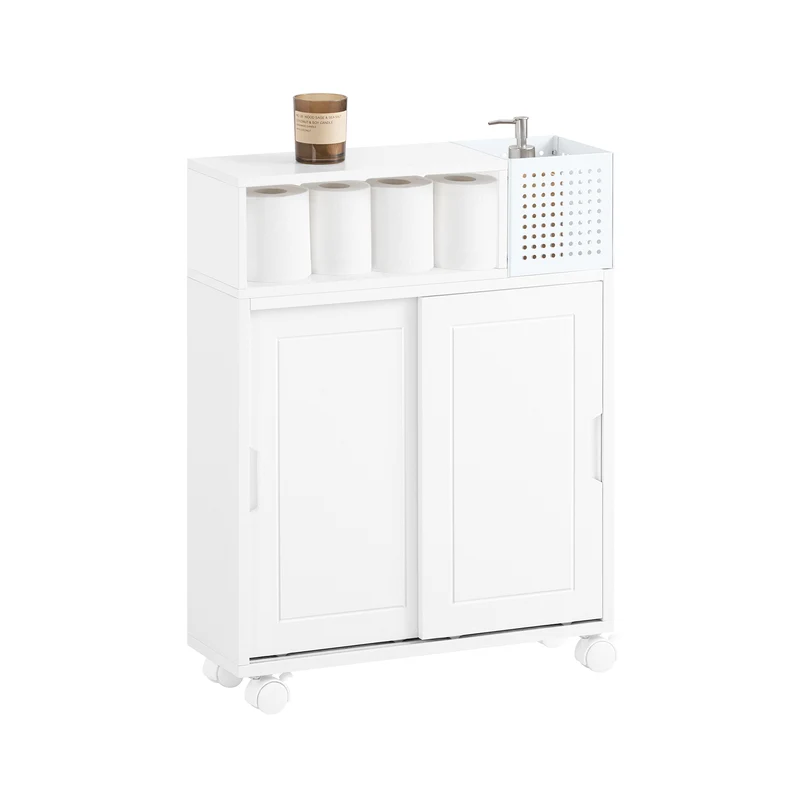 SoBuy BZR176-W Armoire Toilettes WC Support Papier Toilette, Armoire de Salle de Bain sur Roulettes, 2 Compartiments Ouverts