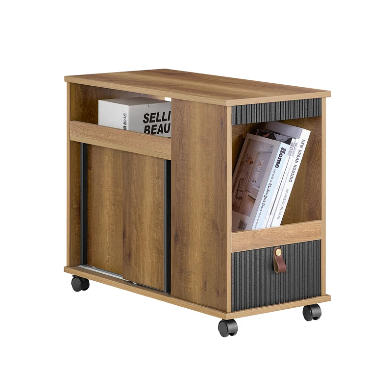 SoBuy FBT143-PF Bout de Canapé sur Roulettes Table de Chevet Table d'Appoint avec 1 Tiroir, 2 Compartiments Ouverts et 4 Portes
