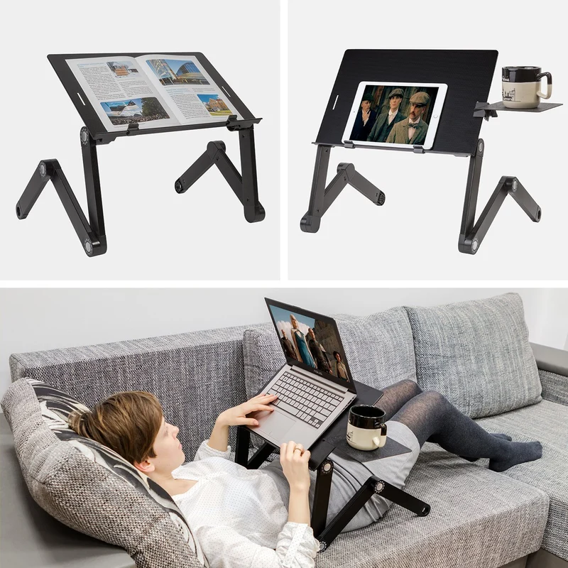 WonderWorker Einstein – Table réglable pour ordinateur portable jusqu’à 17 pouces, 2 ventilateurs USB et support de souris, aluminium noir
