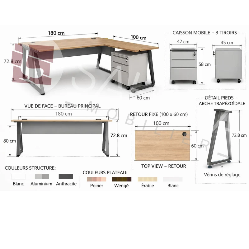 Bureau rectangulaire semi métallique Réf C0810