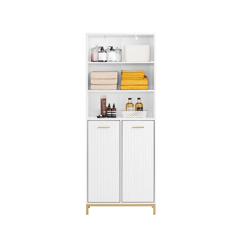 SoBuy BZR182-W Colonne Salle de Bain avec 2 Portes, 2 Paniers à Linge Amovibles et 3 Compartiments Ouverts, pour Salle de Bain et WC – L65×P32×H170 cm, Blanc