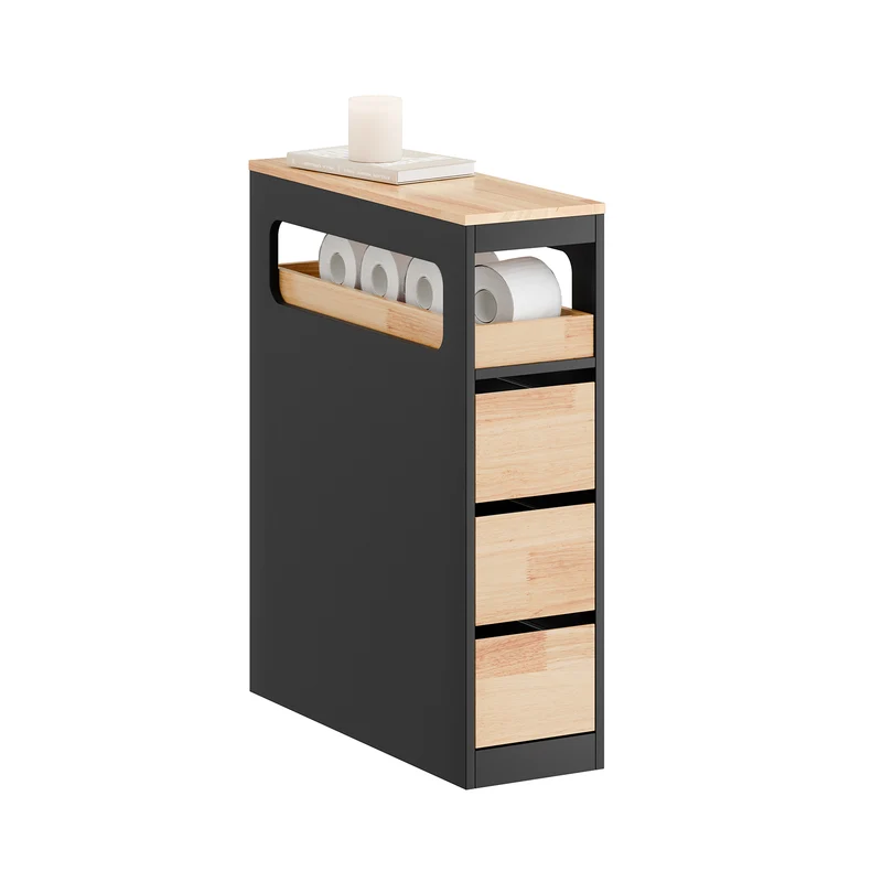 SoBuy BZR54-II-SCH Meuble Salle de Bain sur Roulettes, 3 Tiroirs avec Séparateurs, Étagère Ouverte – 65x23x82 cm, Noir