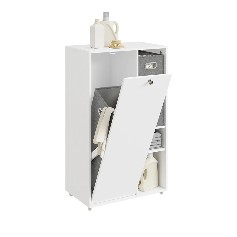SoBuy BZR218-W Meuble Salle de Bain avec Panier à Linge Intégré, Porte Basculante, 2 Paniers en Tissu et 3 Étagères Réglables – Colonne Rangement Blanc, 50 × 30 cm