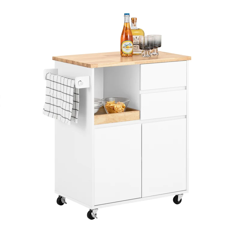 SoBuy FKW123-WN Petit Ìlot de Cuisine à Roulettes – Plan en Bois d'Hévéa, Plateau Extractible, 2 Tiroirs, 72×40×84 cm, Blanc