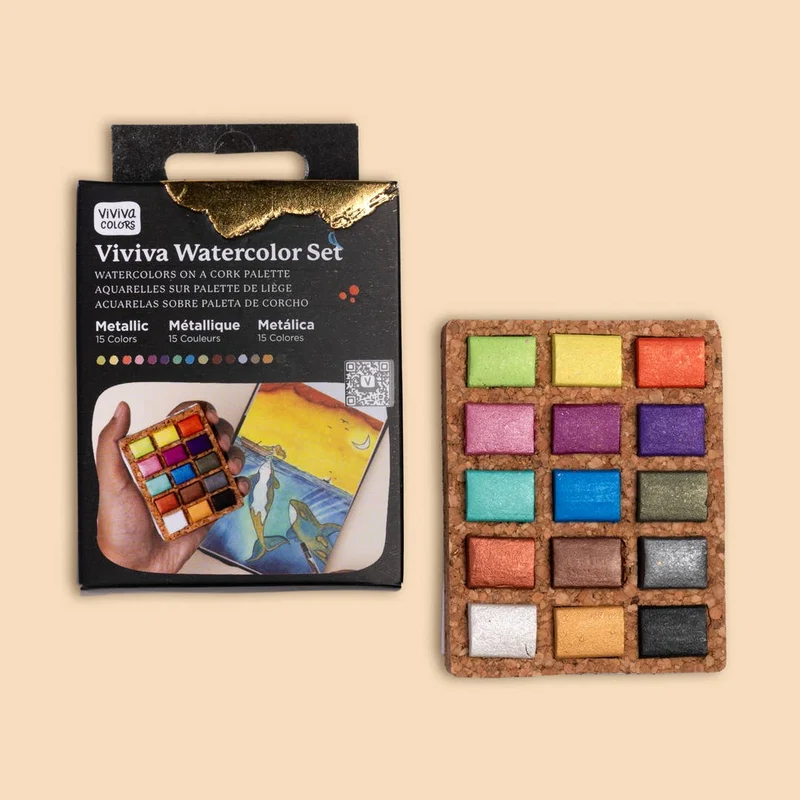 Godets de 15 couleurs d’aquarelle métalliques Viviva Colors – Palette en liège biodégradable