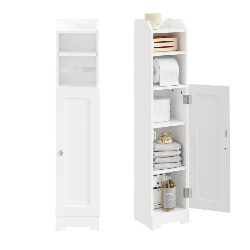 SoBuy FRG177-II-W Meuble Salle de Bain 20 cm de Largeur sur Pied avec Support Papier et Porte - Petit Meuble WC Rangement Gain de Place Blanc