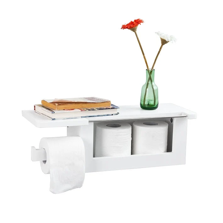 SoBuy FRG175-W Dérouleur Papier Toilette Distributeur WC Porte Papier Mural avec Support pour Déposer Smartphone et Porte-revues