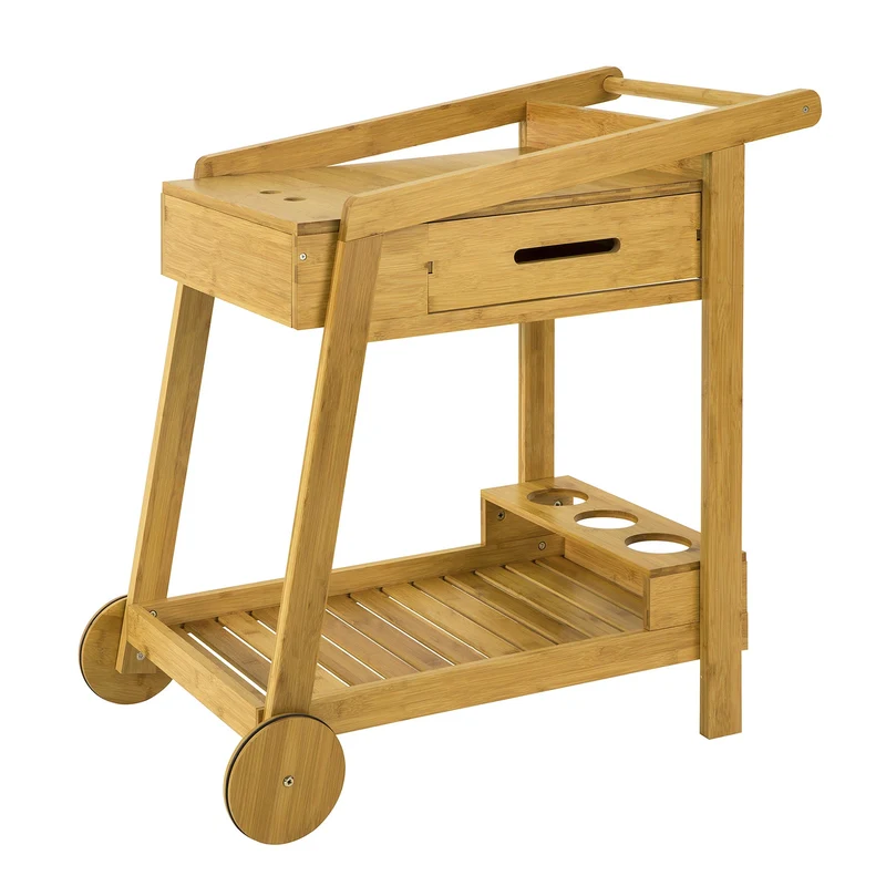 SoBuy FKW89-N Chariot de Service à roulettes Chariot de Cuisine en Bambou 2 Niveaux de Rangement Desserte de Cuisine roulante avec Porte-Bouteilles
