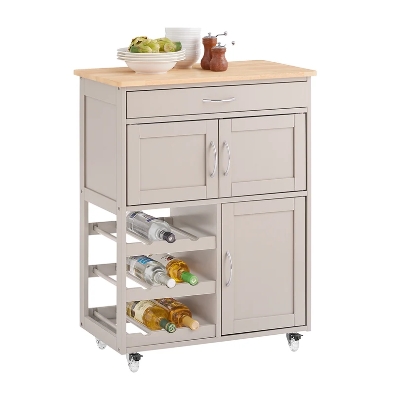 SoBuy FKW45-KA Desserte Cuisine sur Roulettes – Plan Hévéa, Casier à Vin, 1 Tiroir, 1 Placard – 67×38×86 cm, Marron Clair