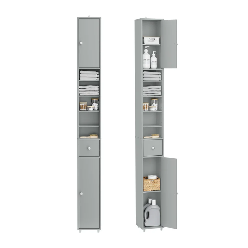 SoBuy BZR34-II-HG Colonne Salle de Bain Ultra-Étroite 20×20×180 cm – Tiroir Central, Étagères Réglables, Gris