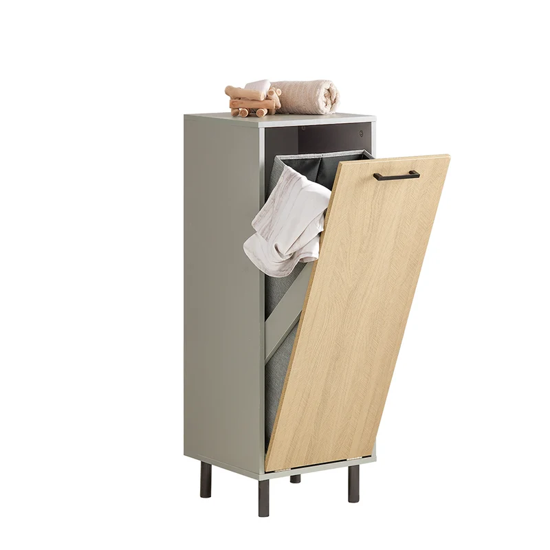 SoBuy BZR132-NG Meuble de Salle de Bain avec Panier à Linge – 31,5 cm, Pieds en Métal, Anti-Basculement, Gris Naturel