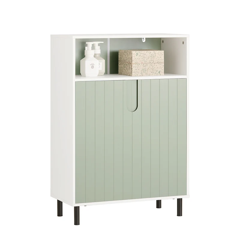 SoBuy BZR138-GR Meuble Bas Salle de Bain Vert et Blanc 87 cm avec 2 Portes, Étagères Réglables et Compartiment Ouvert – Pieds Métal, Charge 45 kg