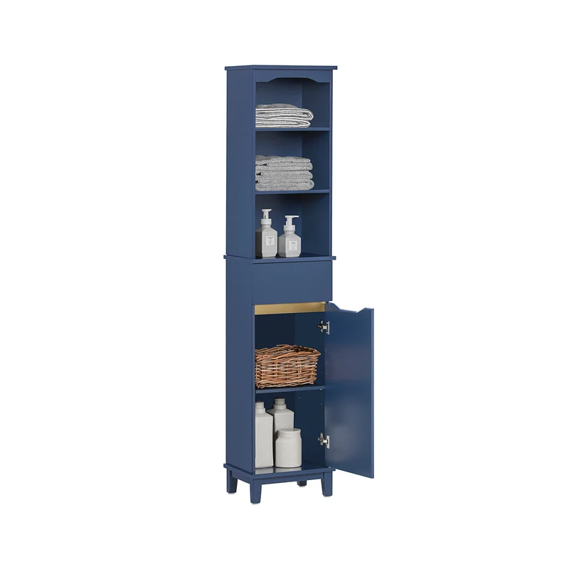SoBuy BZR112-B Colonne Salle de Bain avec 3 Étagères et 1 Tiroir – L35×P30×H170 cm, Charge 40 kg, MDF E1, Bleu