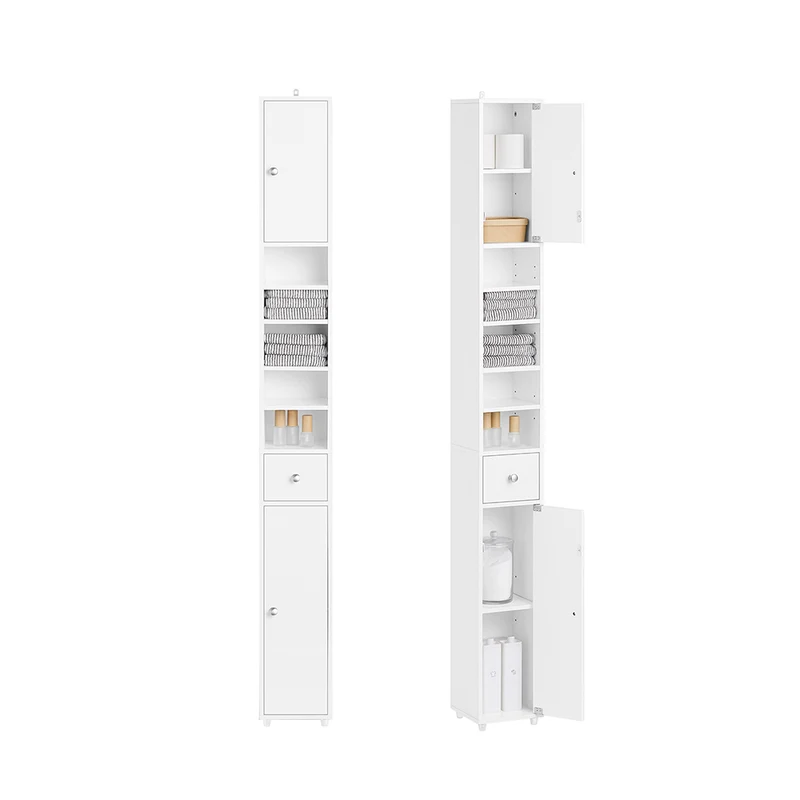 SoBuy BZR167-GW Colonne Salle de Bain avec 1 Tiroir, 2 Portes, 5 Compartiments Ouverts et Étagères Réglables, Gain de Place – L20×P20×H180 cm, Blanc Brillant