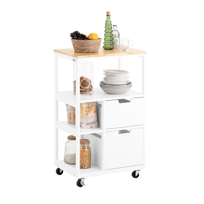 SoBuy FKW111-WN Desserte cuisine à roulettes 53 cm avec plan en bois, tiroir et étagères – Ìlot mobile gain de place blanc naturel
