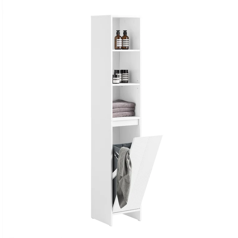 SoBuy BZR158-W Colonne Salle de Bain avec Panier à Linge et Étagères Réglables, Gain de Place, pour Salle de Bain et WC, Compact – L30×P30×H170 cm, MDF, Blanc