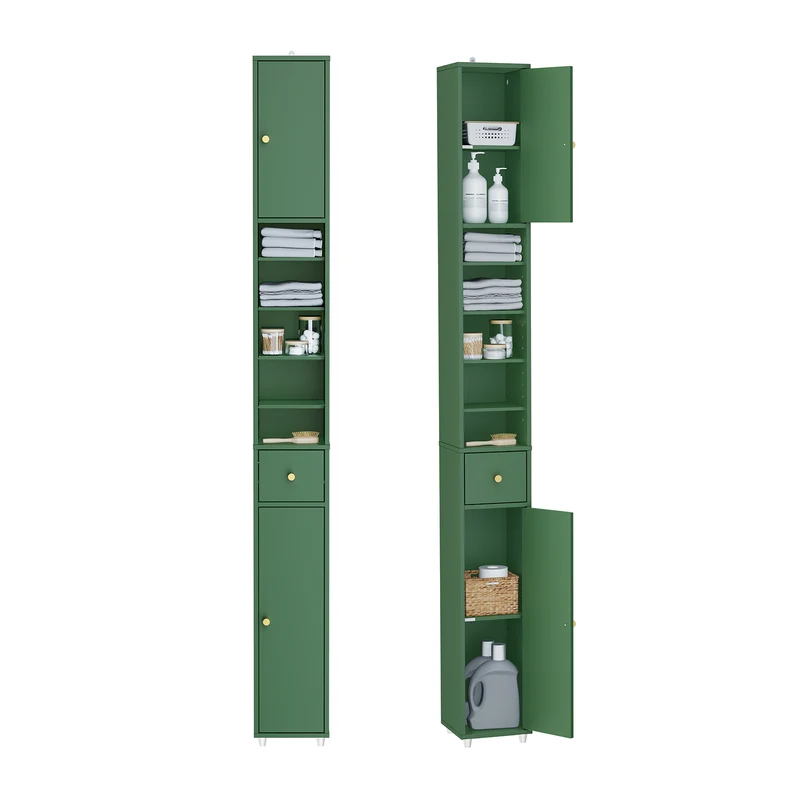SoBuy BZR34-II-SY Colonne Salle de Bain Vert Foncé 180 cm Ultra-Slim 20 cm avec Tiroir et Étagères Réglables – Anti-Humidité, Anti-Basculement, MDF