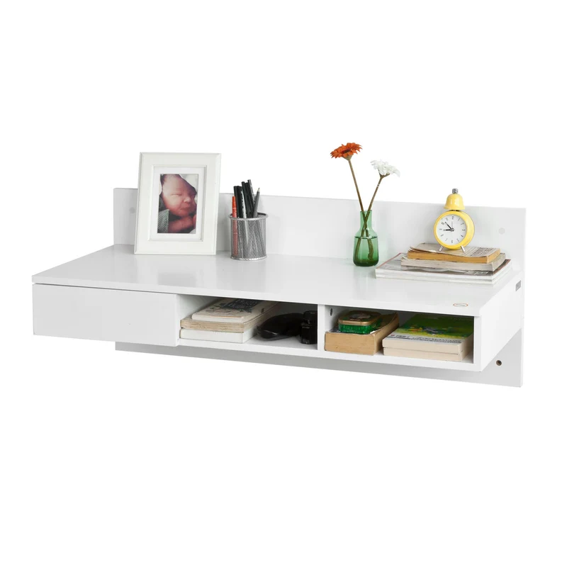 SoBuy FWT30-W Bureau informatique Table murale avec 1 tiroir et 2 compartiments-Blanc