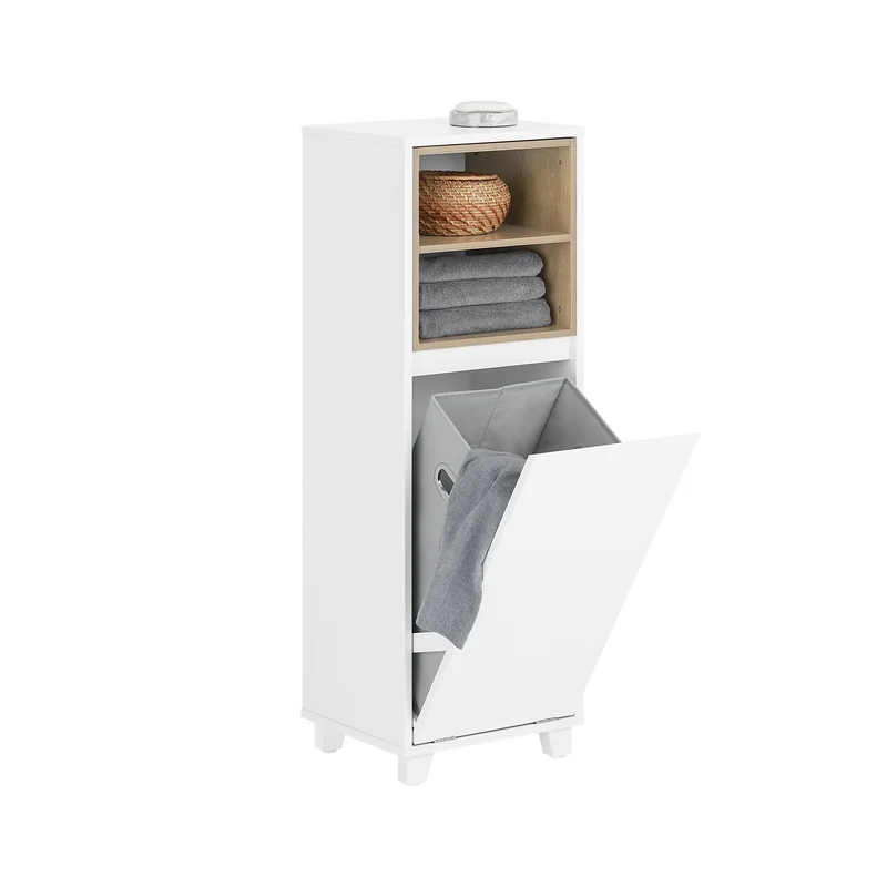 SoBuy BZR146-W Meuble Bas de Salle de Bain, Armoire de Rangement Salle de Bain, Meuble Demi-Colonne sur Pied, Placard WC Étroit avec 1 Panier à Linge, Blanc, 35x30x105cm