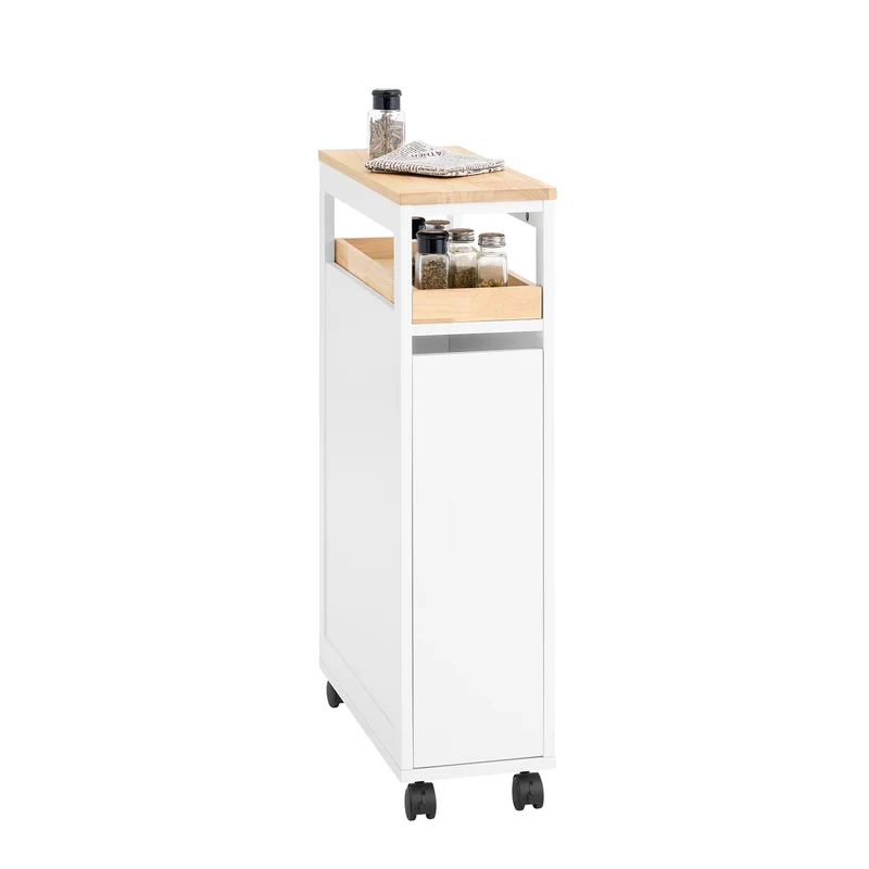 SoBuy NSR11-WN Chariot de Cuisine à Roulettes Slim 20 cm, Plan de Travail Bois, Tiroir 2 Niveaux, 4 Roulettes – L20 × P51 × H79 cm