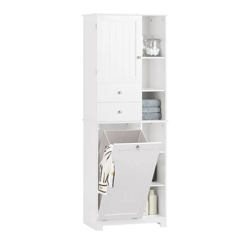 SoBuy BZR104-W Colonne Salle de Bain avec Panier à Linge Intégré – 6 Étagères Réglables, 2 Tiroirs, Gain de Place 171 cm, Blanc