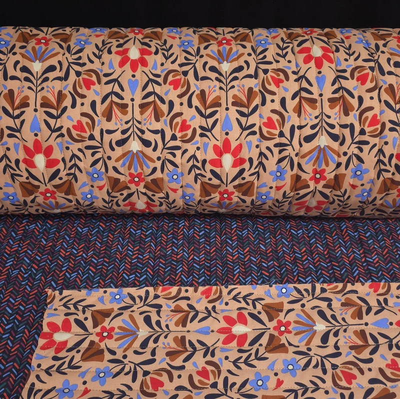 Coton matelassé réversible | Motif floral folklorique & géométrique | Beige chaud