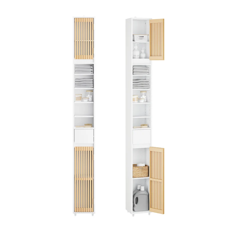SoBuy BZR34-BW Colonne Bambou Style Naturel – Meuble WC Étroit 20 cm, Ventilé, Blanc