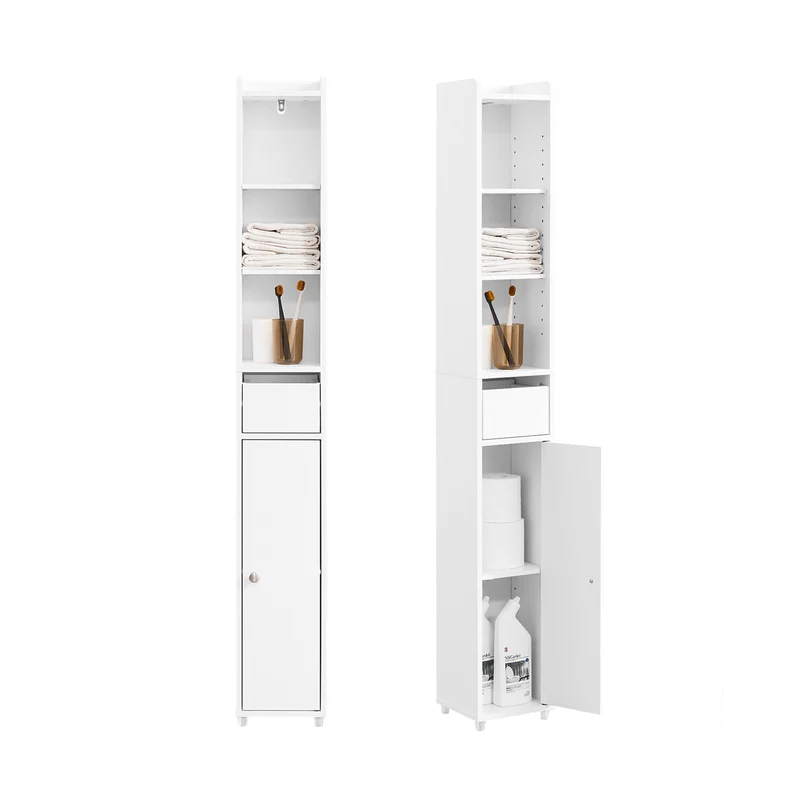 SoBuy BZR34-K-W Colonne Salle de Bain Ultra-Étroite 20×20×145 cm – 7 Niveaux, Porte et Tiroir, Blanc