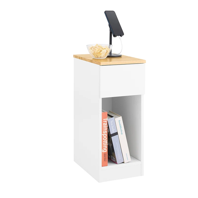 SoBuy FBT111-II-WN Table de Chevet avec Tiroir, Gain de Place, pour Salon et Chambre, Rangement Optimisé, Design Fonctionnel, Compact – L25×P40×H60 cm, Blanc