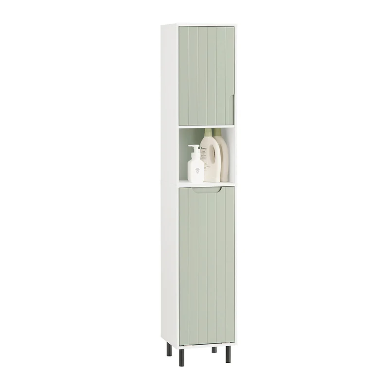 SoBuy BZR137-GR Colonne Salle de Bain Vert et Blanc 167 cm avec Sac à Linge Pliable, Porte, Étagère Réglable et Compartiment Ouvert – Pieds Métal, 30 cm de Profondeur