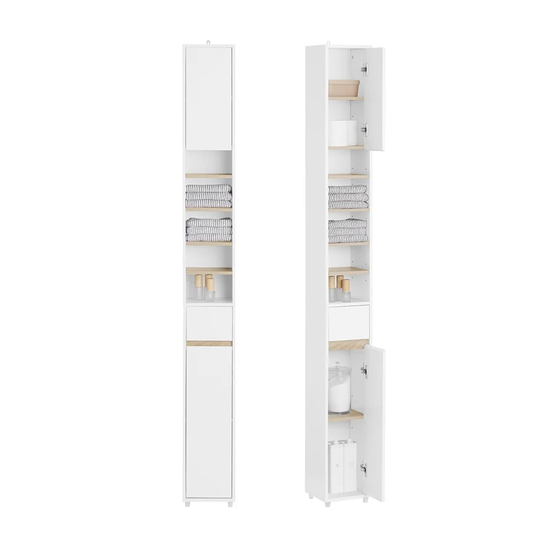 SoBuy BZR34-WN Meuble Étroit 20 cm – Colonne WC Gain de Place 180 cm, 2 Portes et 1 Tiroir, Blanc-Nature
