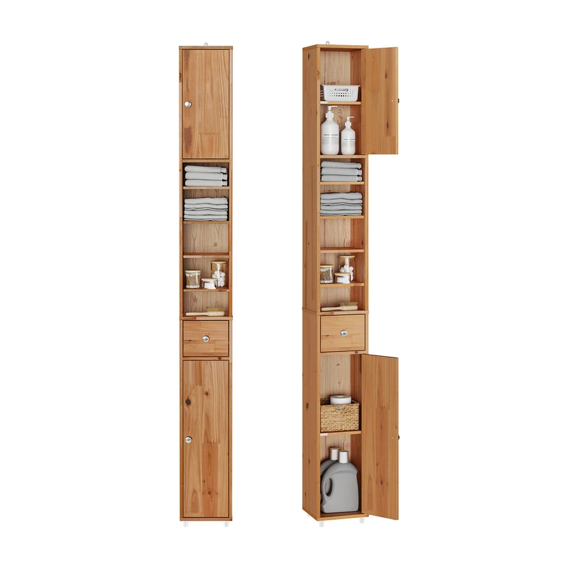 SoBuy BZR34-II-SH Colonne Salle de Bain Ultra-Étroite en Pin Massif, 4 Étagères Réglables et Tiroir, Anti-Basculement – Charge 25 kg – 20×20×180 cm, Bois