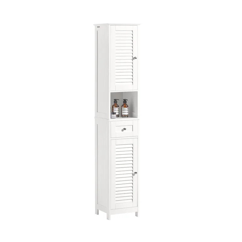 SoBuy FRG236-W Colonne de Salle de Bain – 32 cm, 2 Portes Persiennes, Tiroir et Niche, Blanc