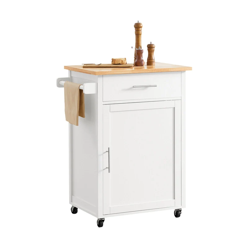 SoBuy FKW102-WN Desserte de Cuisine à Roulettes avec Plan de Travail, 1 Tiroir, 1 Porte et Porte-Torchon, Charge 45 kg – 68x46x90 cm, Blanc et Naturel